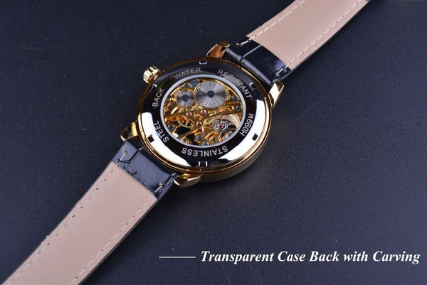 Forsining 3d Logo Design Hollow Engraving Black Gold Case Leather Skeleton Mechanical Watches Men Luxury Brand Heren Horloge