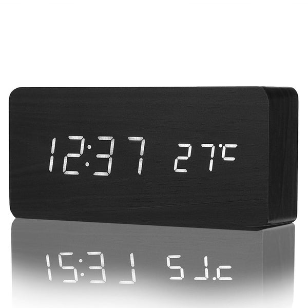 Digital Thermometer Wooden Alarm Clock
